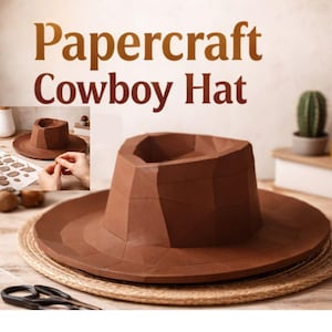 May include: A brown papercraft cowboy hat with a wide brim and geometric design. The hat is displayed on a woven mat, with the text "Papercraft Cowboy Hat" in the background. A small cactus in a pot is visible.
