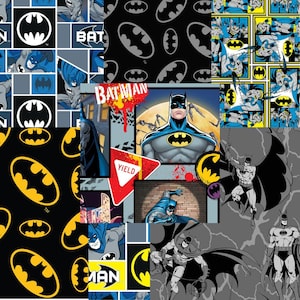 May include: A collage of Batman-themed images. The design includes comic book panels, the Batman logo, and illustrations of Batman in action. Colors include black, yellow, gray, and blue. The word "BAT" and "MAN" are visible.