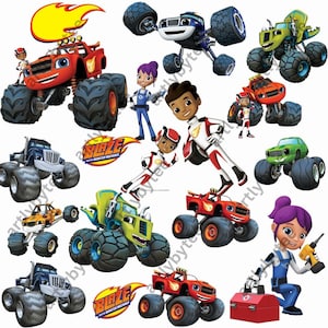 May include: A collection of colorful Blaze and the Monster Machines character graphics. The image features various monster trucks in red, blue, green, and yellow, along with characters in racing suits and mechanic outfits. The Blaze logo is also visible.