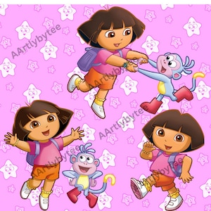 May include: A repeating pattern featuring Dora the Explorer and Boots the monkey on a pink background with white star shapes. Dora is wearing a pink shirt, orange shorts, and a purple backpack. Boots is blue with red boots.