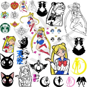 Pode incluir: Uma coleção de ilustrações e gráficos com o tema Sailor Moon. A imagem apresenta várias representações da personagem em diferentes poses e estilos, juntamente com símbolos relacionados, corações e silhuetas de gatos. A paleta de cores inclui vermelho, azul, amarelo e preto.