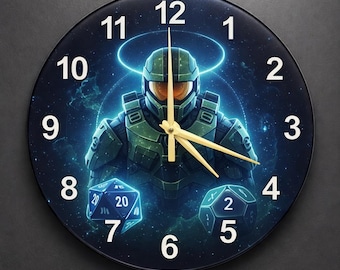 Gaming Wall Clock | Dice Gamer Halo Art for Game Room Decor | Round Glass Clock Gift for Video Game Lover