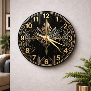 Zegar szklany w stylu art déco w kolorze złotym i czarnym – nowoczesny okrągły design, elegancki akcent w domu (26–51 cm)