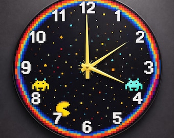 Vibrant Pixel Art Glass Clock | Retro Arcade Circle Design for Game Room Decor | Unique 8-Bit Wall Art Gift