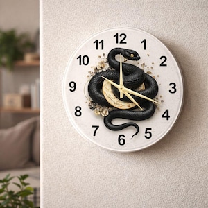 Coiled Snake Minimalist Glass Clock – Goth Decor for Modern Spaces, Handmade Black Art Timepiece