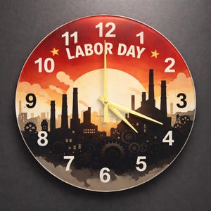 Puede incluir: Reloj de pared redondo con el tema del Día del Trabajo. La esfera del reloj presenta un diseño de puesta de sol con siluetas de fábricas y las palabras "Labor Day". Las manecillas del reloj son amarillas y los números están en una fuente clásica.
