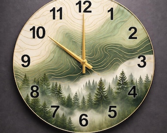 Modern Topographic Glass Wall Clock | Forest Contour Art for Minimalist Living Room | Unique New Home Gift