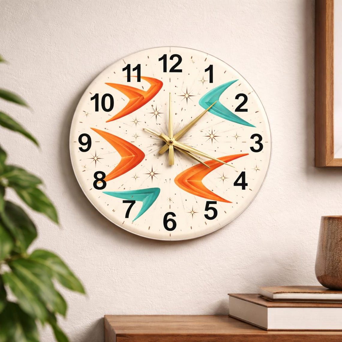 Orange Boomerang Mid Century Modern Glass Wall Clock, Retro Atomic Age ...