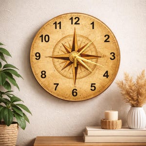 May include: A round wall clock with a compass rose design. The clock face has a vintage map appearance with black numerals and gold-colored hands. The clock is mounted on a white wall.