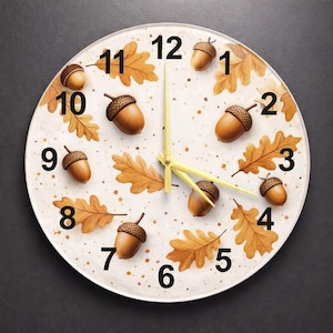 Reloj de pared de cristal con bellotas otoñales, decoración otoñal inspirada en la naturaleza, regalo único de inauguración para hogares con estética boscosa.