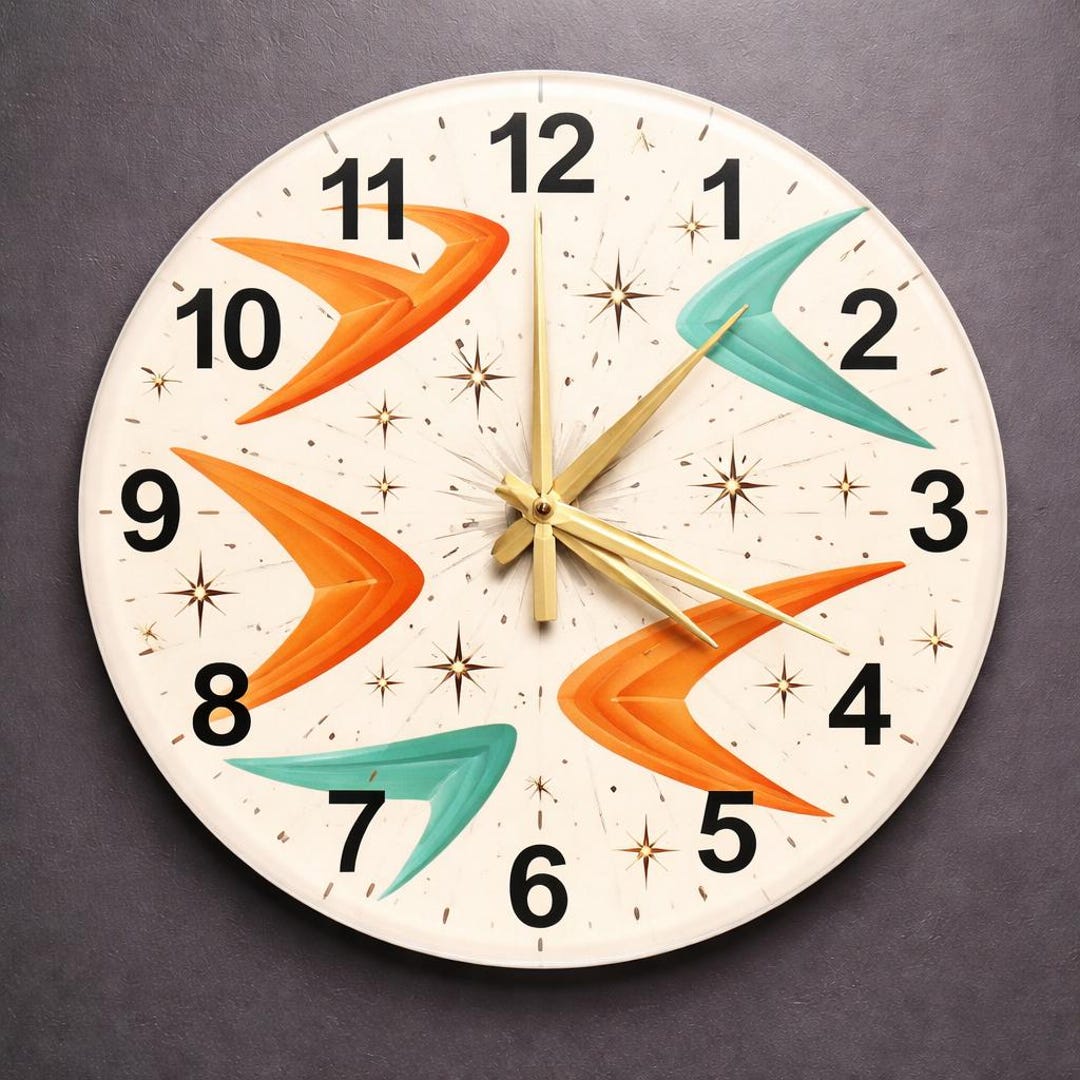 Orange Boomerang Mid Century Modern Glass Wall Clock, Retro Atomic Age ...