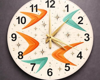 Orologio da parete in vetro moderno di metà secolo, stile Boomerang arancione, regalo per la casa in stile retrò atomico
