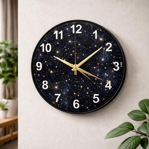 May include: A round wall clock with a black face featuring a starry night design. The clock has gold-coloured hands and white numerals. The clock is mounted on a white wall.