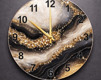Black Gold Geode Wall Clock | Abstract Agate Slice Glass Art | Modern Luxury Round Timepiece Decor