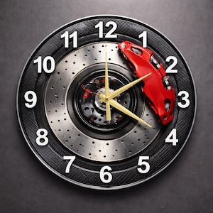 Round Glass Clock | Formula One Wheel Disc | Red Caliper, Gold Hands, Black Silver Backdrop