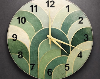 Orologio da parete in vetro Green Arcs, decorazione artistica astratta moderna di metà secolo, regalo unico per la casa