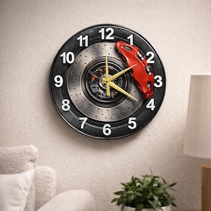 Formula One Wheel Disc Glass Clock – Abstract Motorsport Wall Art, Printed Round Timepiece in Multiple Sizes