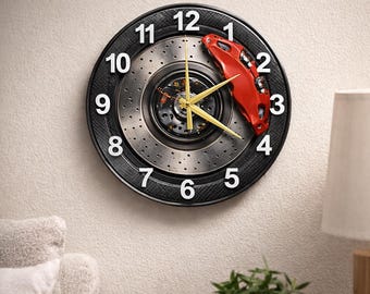 Formula One Wheel Disc Glass Clock – Abstract Motorsport Wall Art, Printed Round Timepiece in Multiple Sizes