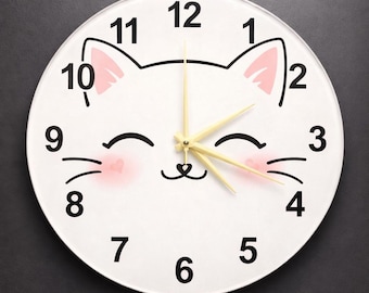 Playful Kawaii Cat Outline Glass Clock | Modern Feline Silhouette Art for Nursery & Home | Artisan Made Decorative Timepiece