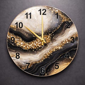 Reloj de pared de geoda de oro negro / Arte abstracto de vidrio con rodajas de ágata / Decoración moderna de lujo con forma redonda