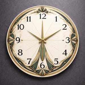May include: Cream-colored wall clock with gold hands and black numerals. The clock face features decorative gold and teal accents around the perimeter and center. The clock's hands point to approximately 1:45.
