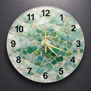 Sea Glass Mosaic Wall Clock, Round Face in Mint and Turquoise, Black Numerals with Gold-Tone Hands