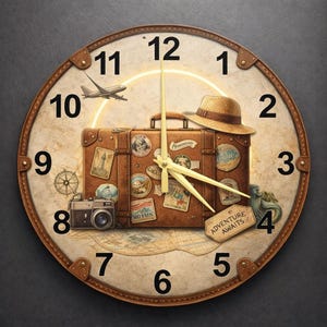 Vintage resväska, väggdekoration i glas med konstverk, rund klocka med åldrad lädertextur, accessoar för reslustrum