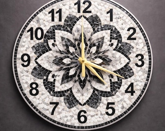 Abstract Mosaic Glass Wall Clock, Black White Geometric Modern Timepiece, Monochrome Wall Art Decor, Housewarming Gift Idea
