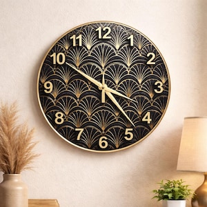 Okrągły zegar szklany | Muszelka w stylu art déco, motyw croissanta – kącik kuchenny | Gładkie wykończenie | 26-51 cm