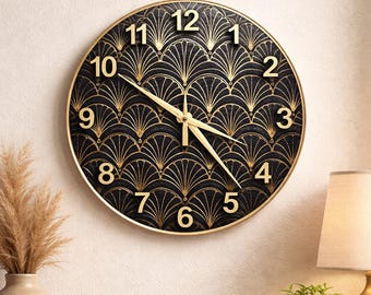 Orologio da parete rotondo in vetro con motivo a ventaglio Art Déco, orologio da parete Art Déco, orologio Art Déco
