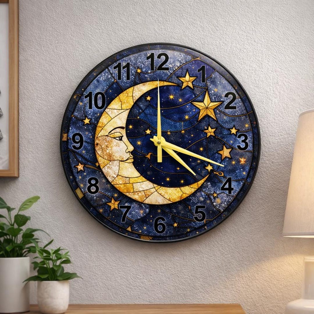 Celestial Glass Wall Clock With Moon & Stars – Stained Glass Effect Art ...