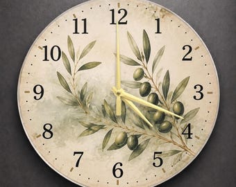Olive Branch Clock, Glass Face with Cream Botanical Artwork, 26 to 51 cm