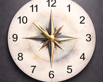 Minimalist Compass Rose Clock | Halo Design Round Glass Wall Art | Unique Traveler Decor Gift