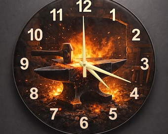 Blacksmith Forge Circle Clock | Industrial Glass Wall Art for Rustic Decor | Unique Man Cave Gift