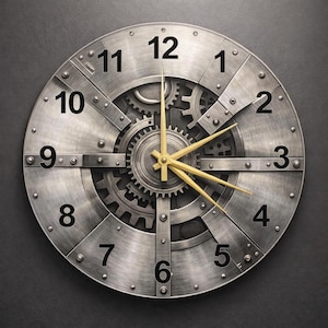 Orologio da parete in metallo spazzolato effetto industriale, orologio in vetro con decorazione loft urbano, complemento d'arredo moderno e contemporaneo