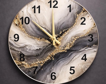 Abstract Geode Slice Glass Wall Clock, Smoky Gray Crystal Inspired Modern Round Decor, Luxury Home Gift