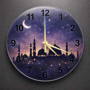 May include: Round wall clock featuring a nighttime scene with a mosque silhouette, a crescent moon, and stars. The clock face has black numerals and yellow clock hands. The background is a gradient of purple and blue.