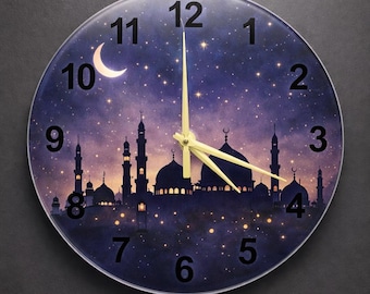 Ramadan Mosque Silhouette Wall Clock | Night Sky Islamic Art Glass Decor | Eid Gift for Muslim Home
