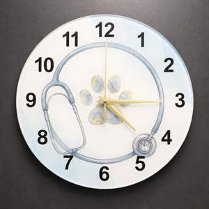Veterinarian Stethoscope Paw Print Glass Clock - Vet Clinic Wall Decor, Unique Animal Lover Gift