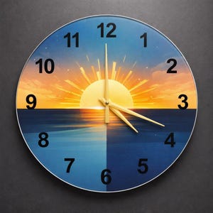 Reloj de pared de cristal moderno / Arte abstracto con sol dividido y horizonte / Decoración redonda única para la vida contemporánea