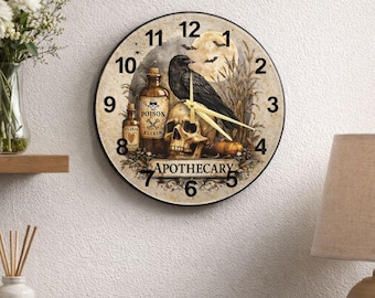 Moody Glass Clock With Vintage Apothecary Art – Halloween Gothic Wall Accent, Witchy Home Decor, Spooky Potion Room Timepiece