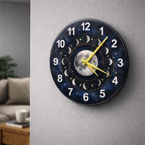 Puede incluir: Reloj de pared redondo con una esfera azul oscuro que presenta un diseño de cielo estrellado y una imagen central de la luna. El reloj muestra las fases de la luna, con números blancos y manecillas amarillas. El reloj está montado en una pared gris.