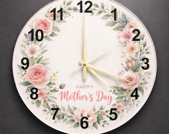 Mother's Day Botanical Glass Art Clock | Elegant Wreath Round Wall Decor | Nature Inspired Gift