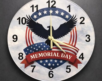 Majestic Eagle Silhouette Glass Clock | Patriotic American Spirit Wall Art, Memorial Day Decor, Veteran Tribute Gift