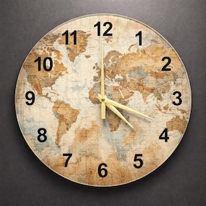 Vintage World Map Glass Wall Clock, Round Travel Decor for Office, Unique Housewarming Gift, Map Collage Art