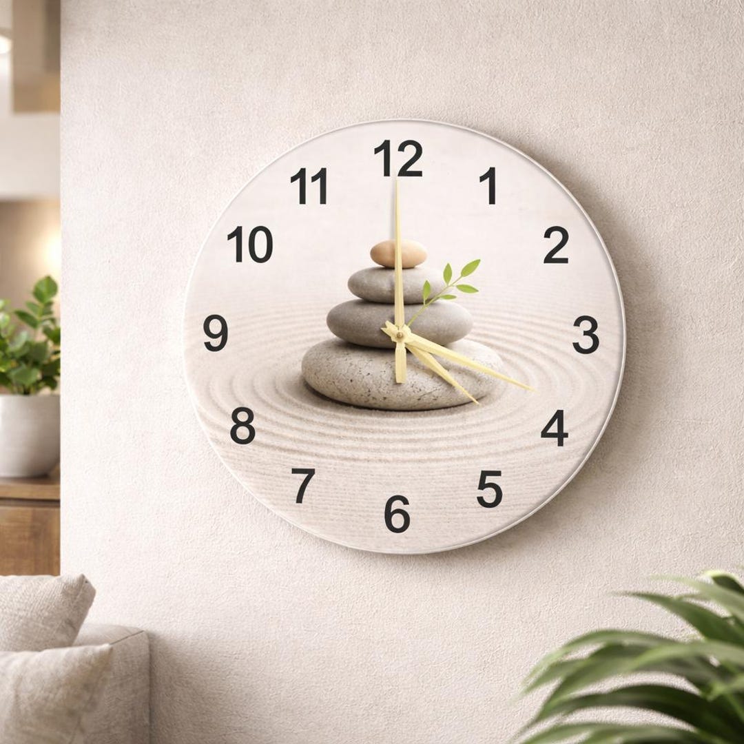 Meditating Clock Zen Stone Circles Glass Clock – Minimalist Round Accent for Japandi or ...