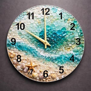 Coastal Glass Wall Clock, Blue and Green Sea Glass Mosaic Effect