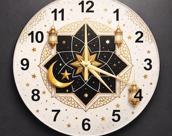 Eid Star Geometry Glass Wall Clock, Modern Islamic Art Decor, Round Festive Home Gift