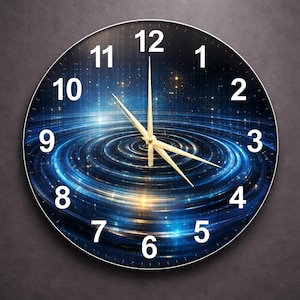 Könnte beinhalten: Runde Wanduhr mit kosmischem Design. Das Zifferblatt zeigt ein wirbelndes blaues und goldenes Galaxiemuster mit weißen Ziffern. Die Zeiger der Uhr sind goldfarben, und der Hintergrund ist dunkel.