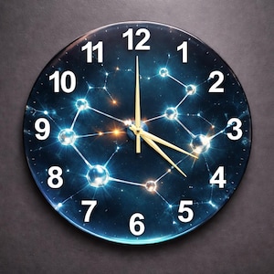 May include: Round wall clock with a dark blue face featuring a network design with glowing orbs and lines. The clock has white numerals and gold-colored hands. The clock's design evokes a sense of science and technology.